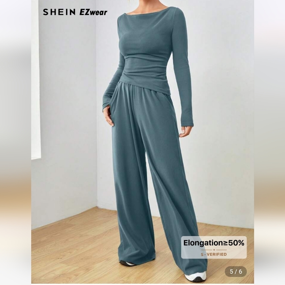 Teal Long Sleeve Top and Wide-Leg Pants Set - Picture 8 of 9